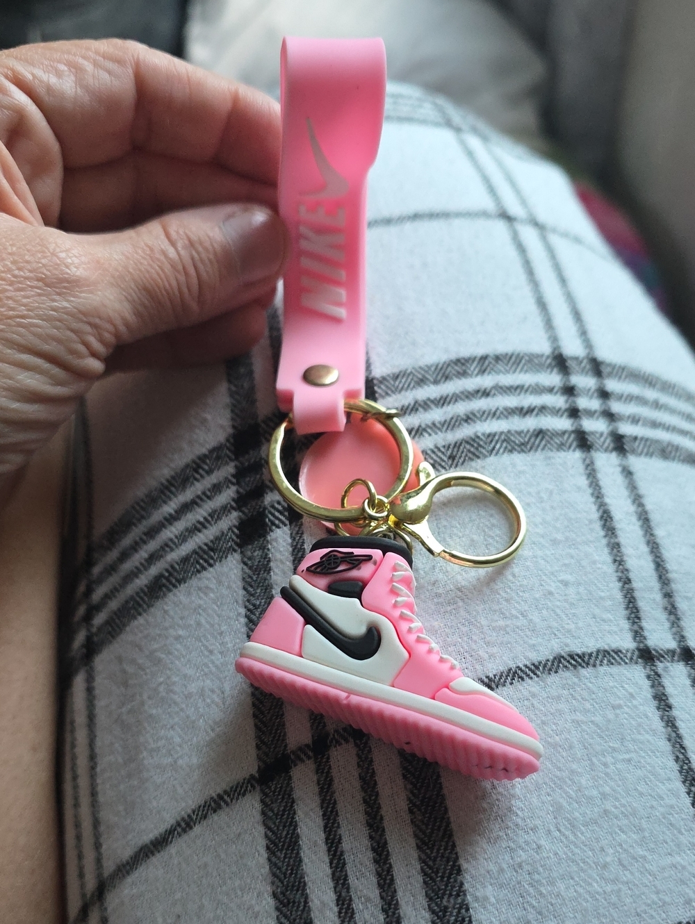 Nike Pink and Black Mini Sneaker Keychain with Gold Hardware